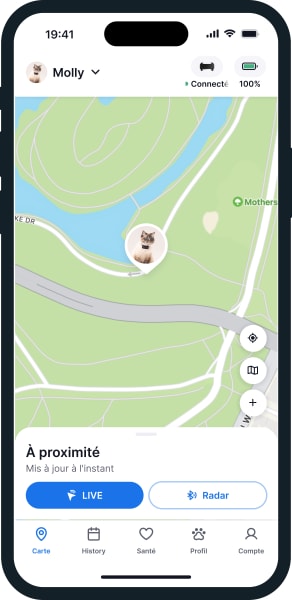 Illustrazione della schermata Mappa dell'app di Tractive