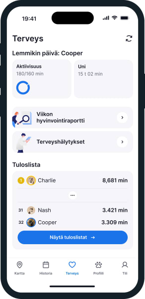 Kuva Tractive-sovelluksen hyvinvointinäytöstä