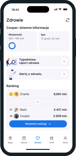 Zrzut ekranu funkcji zdrowia w aplikacji Tractive