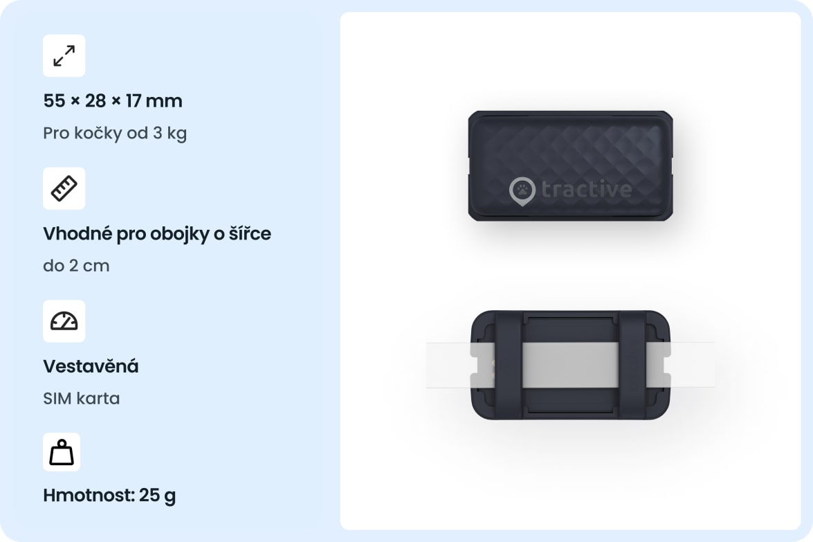 Tractive CAT Mini - Dark Blue tracker with size, weight, and collar compatibility details for cats.