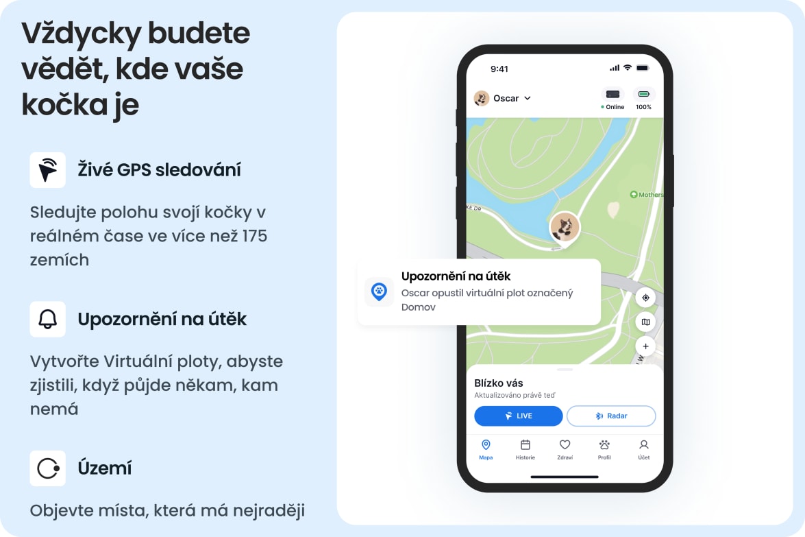 Tractive app showing real-time GPS tracking for cats, with escape alerts and territory insights.