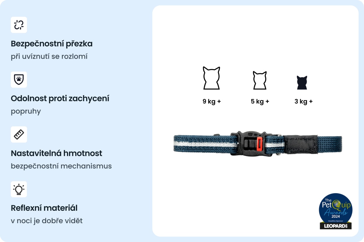 Reflective, snag-proof safety collar with adjustable breakaway buckle for cats of different weights.