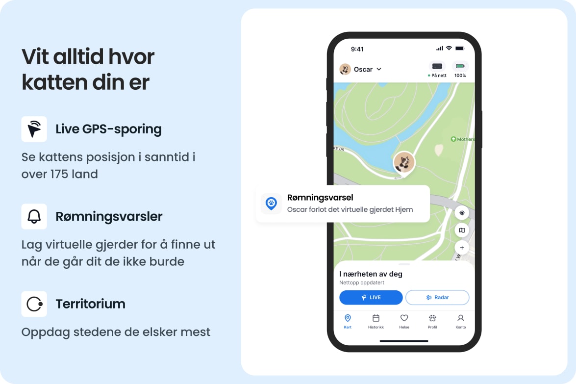 Tractive app showing real-time GPS tracking for cats, with escape alerts and territory insights.