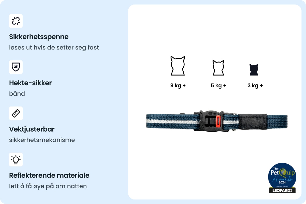 Reflective, snag-proof safety collar with adjustable breakaway buckle for cats of different weights.
