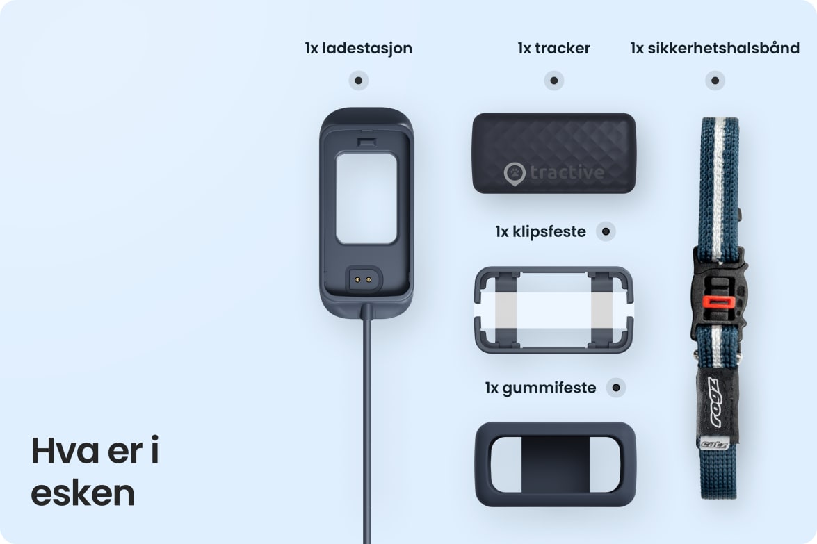 Box contents for Tractive CAT Mini including tracker, charging station, collar, and mounting accessories.