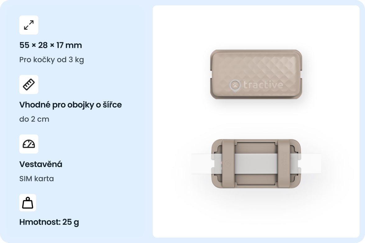 Tractive CAT Mini - Brown tracker with size, weight, and collar compatibility details for cats.