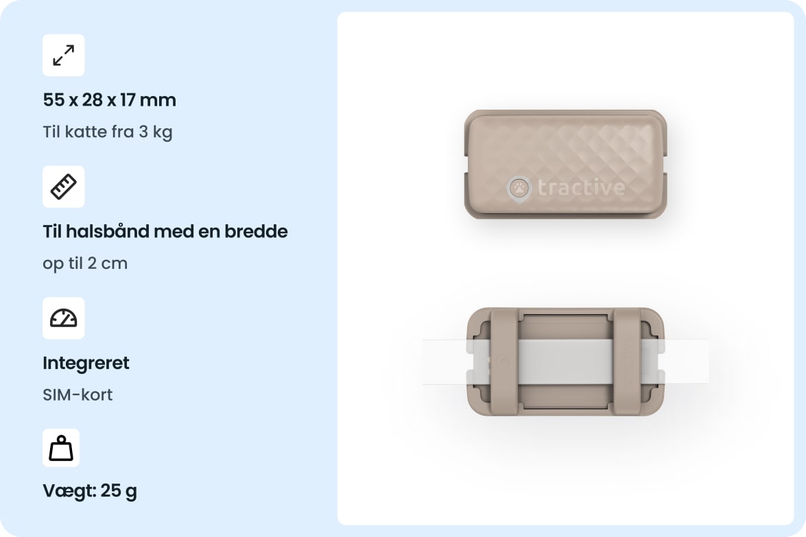 Tractive CAT Mini - Brown tracker with size, weight, and collar compatibility details for cats.