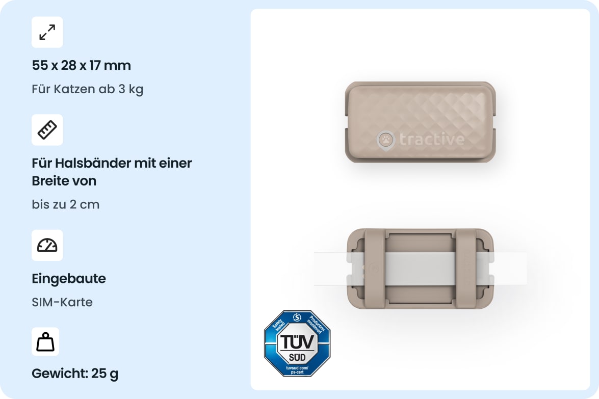 Tractive CAT Mini - Brown tracker with size, weight, and collar compatibility details for cats.