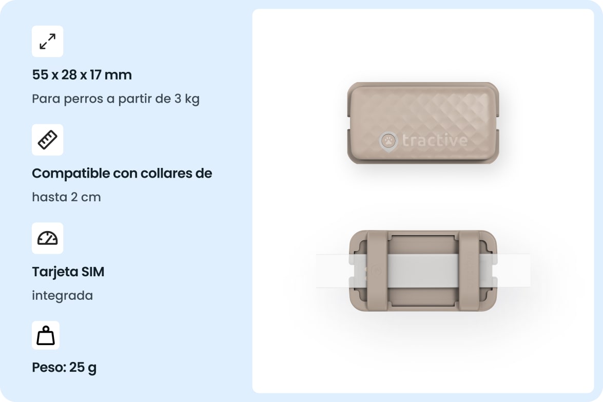 Tractive CAT Mini - Brown tracker with size, weight, and collar compatibility details for cats.