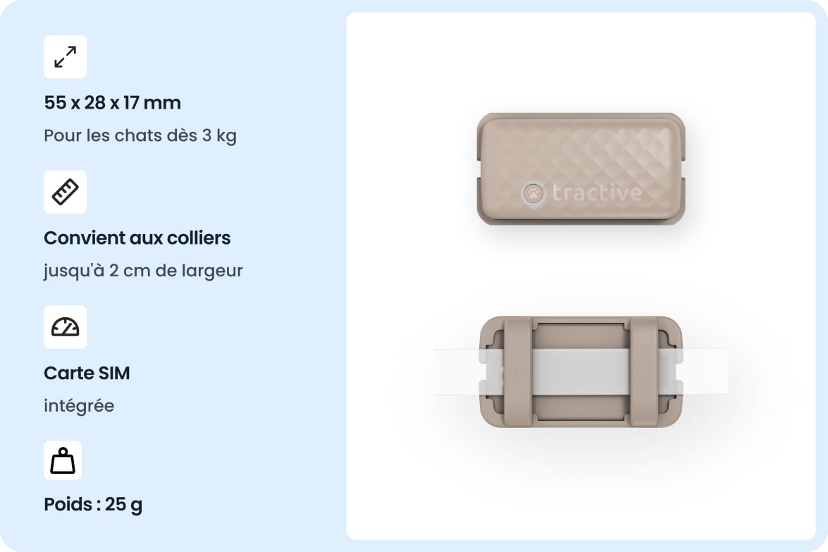 Tractive CAT Mini - Brown tracker with size, weight, and collar compatibility details for cats.