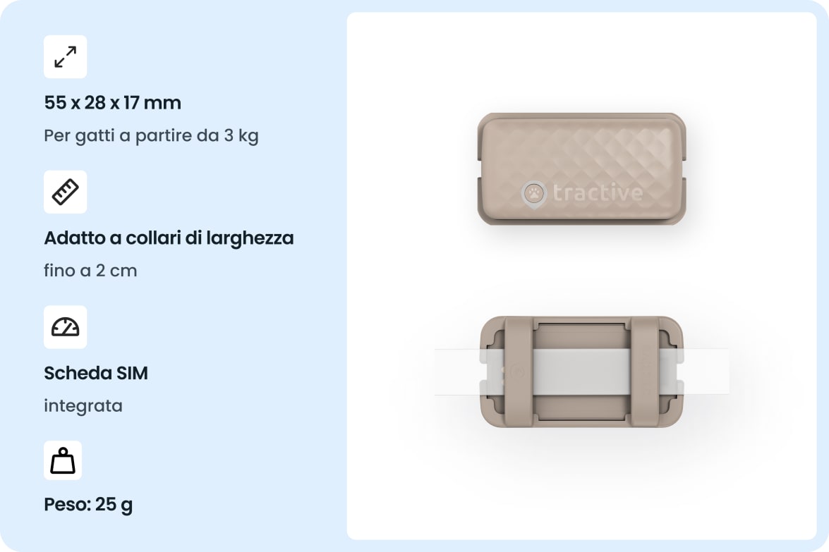 Tractive CAT Mini - Brown tracker with size, weight, and collar compatibility details for cats.