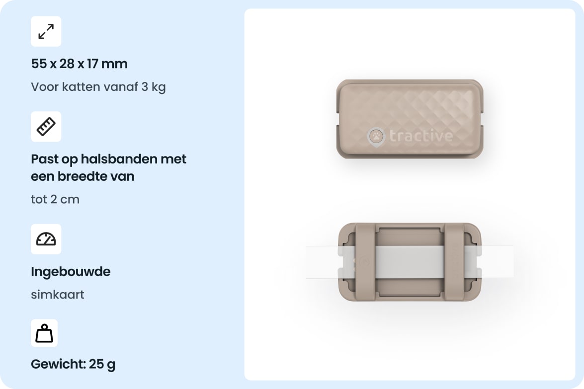 Tractive CAT Mini - Brown tracker with size, weight, and collar compatibility details for cats.