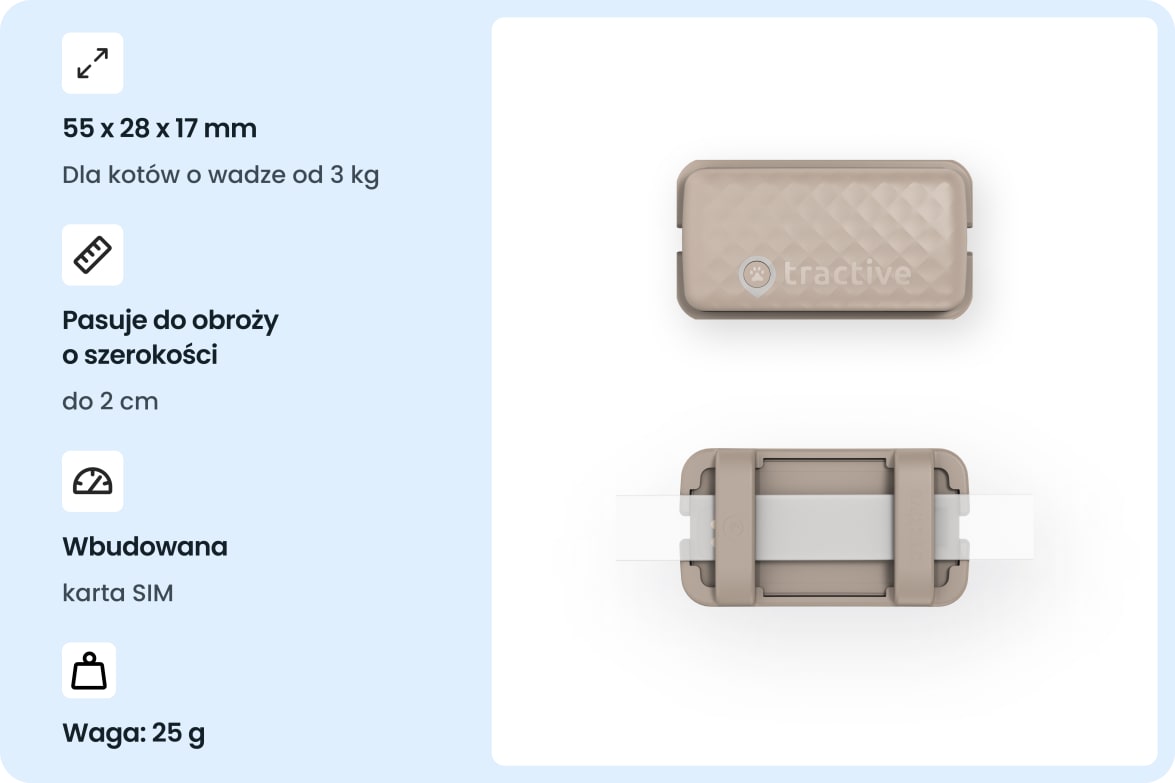 Tractive CAT Mini - Brown tracker with size, weight, and collar compatibility details for cats.