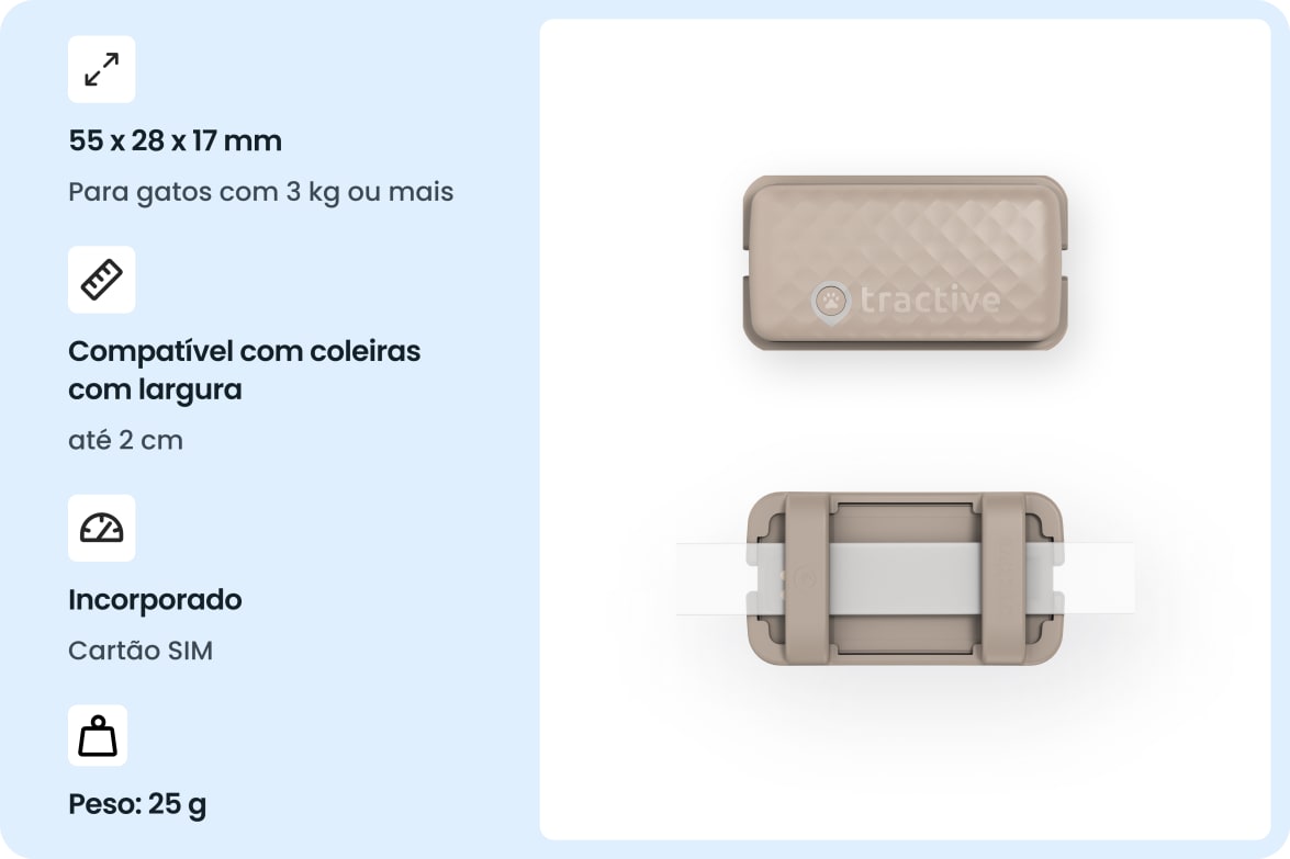 Tractive CAT Mini - Brown tracker with size, weight, and collar compatibility details for cats.