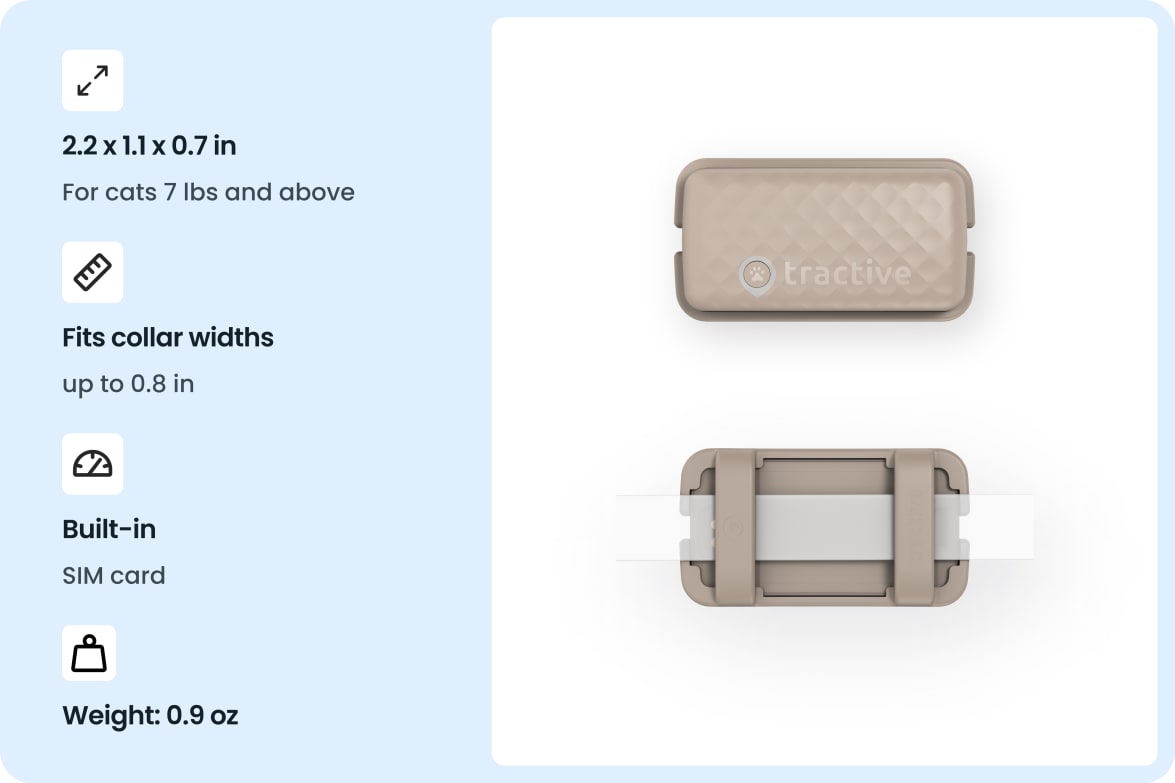 Tractive CAT Mini - Brown tracker with size, weight, and collar compatibility details for cats.