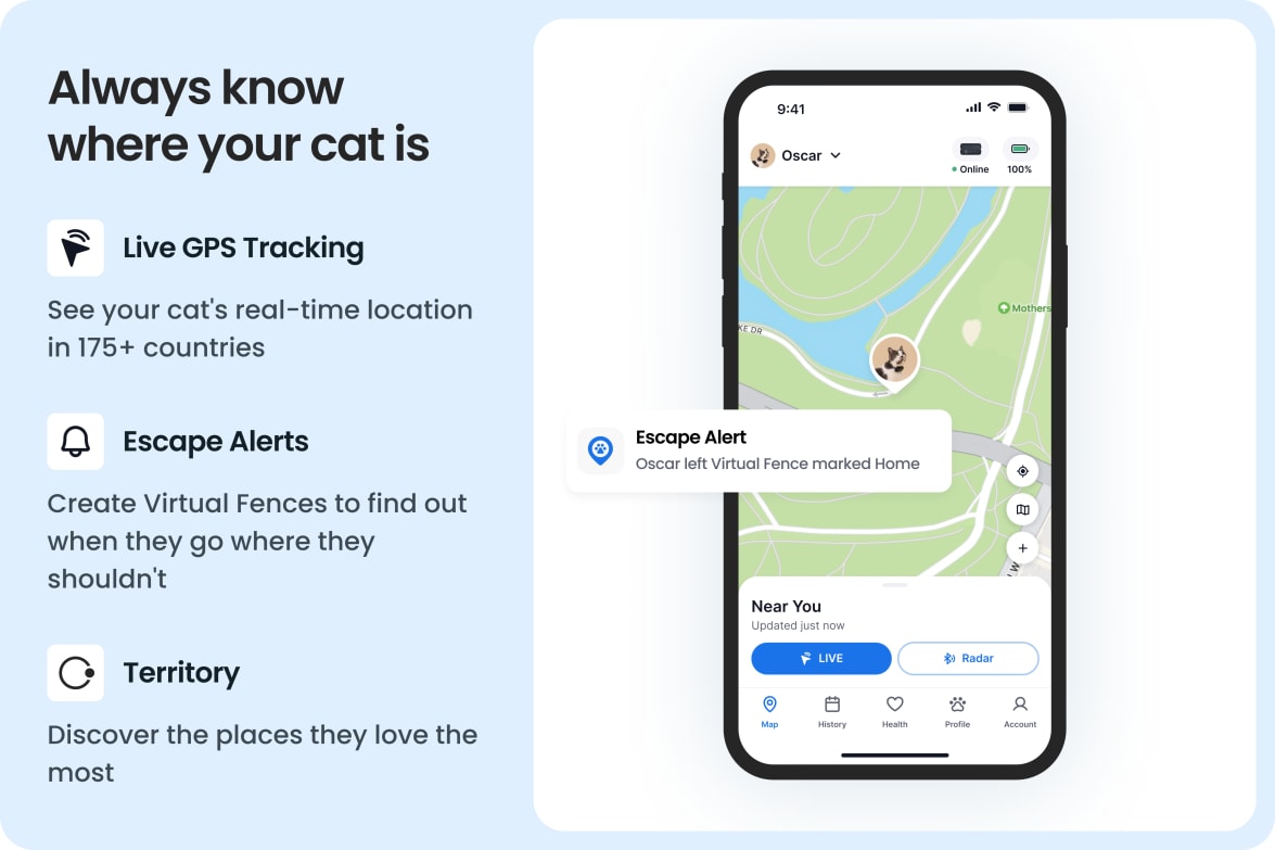 Tractive app showing real-time GPS tracking for cats, with escape alerts and territory insights.