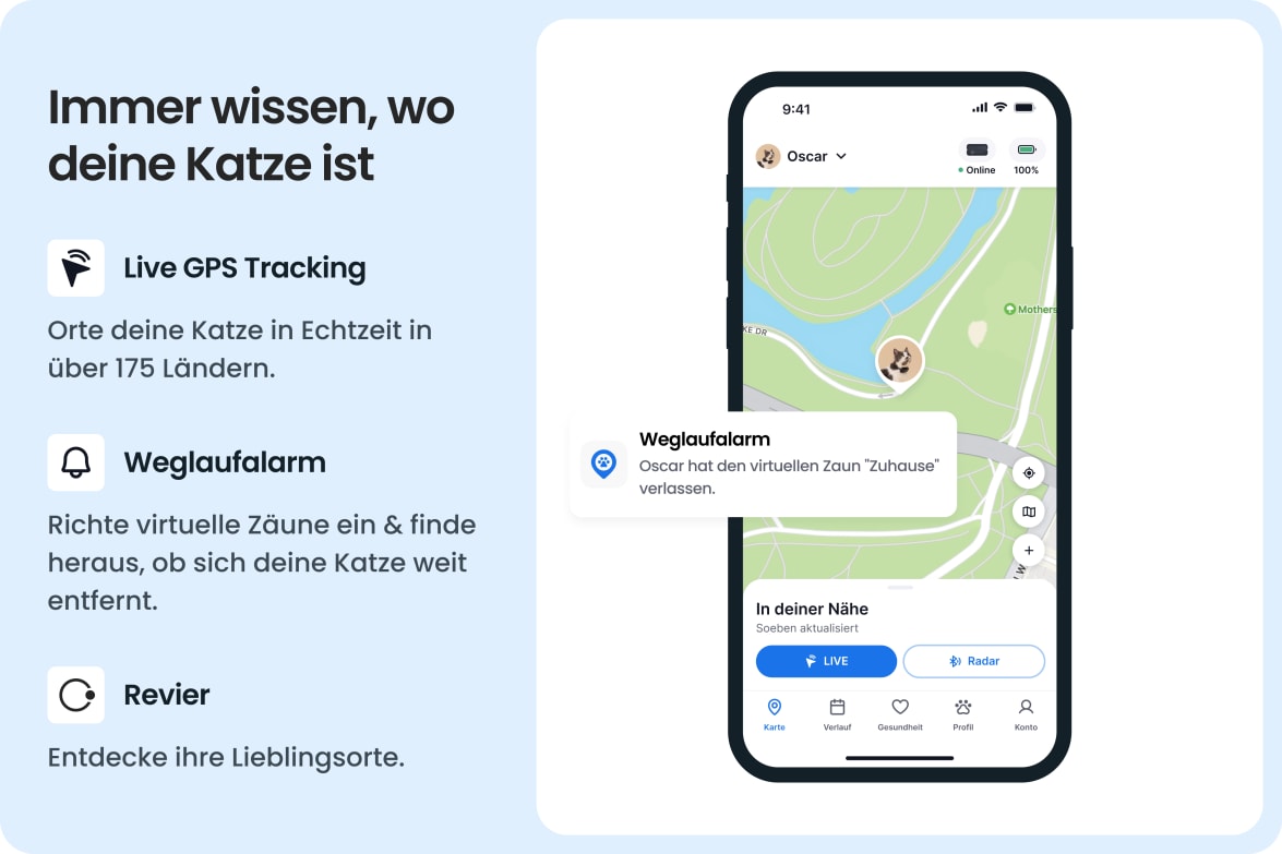 Tractive app showing real-time GPS tracking for cats, with escape alerts and territory insights.