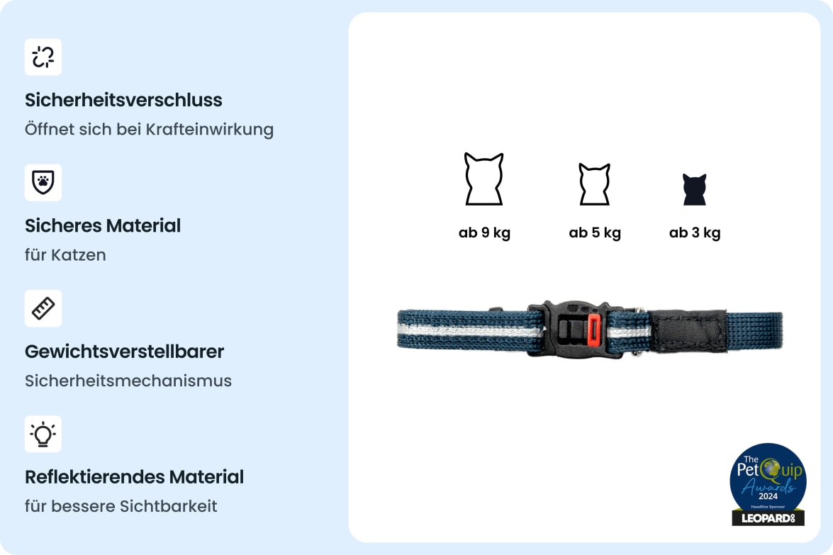 Reflective, snag-proof safety collar with adjustable breakaway buckle for cats of different weights.