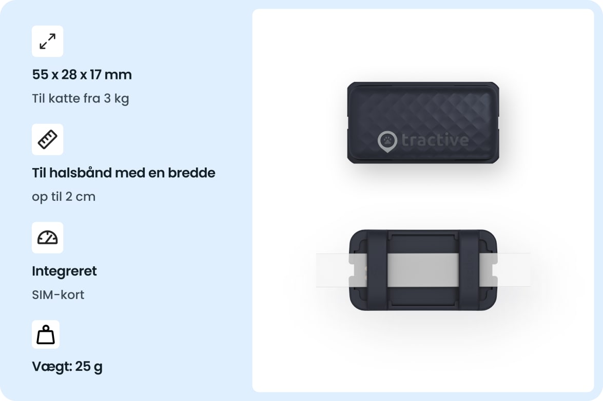 Tractive CAT Mini - Dark Blue tracker with size, weight, and collar compatibility details for cats.