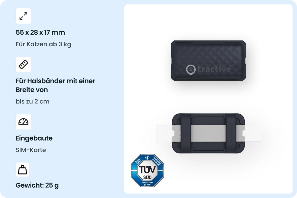 Tractive CAT Mini - Dark Blue tracker with size, weight, and collar compatibility details for cats.