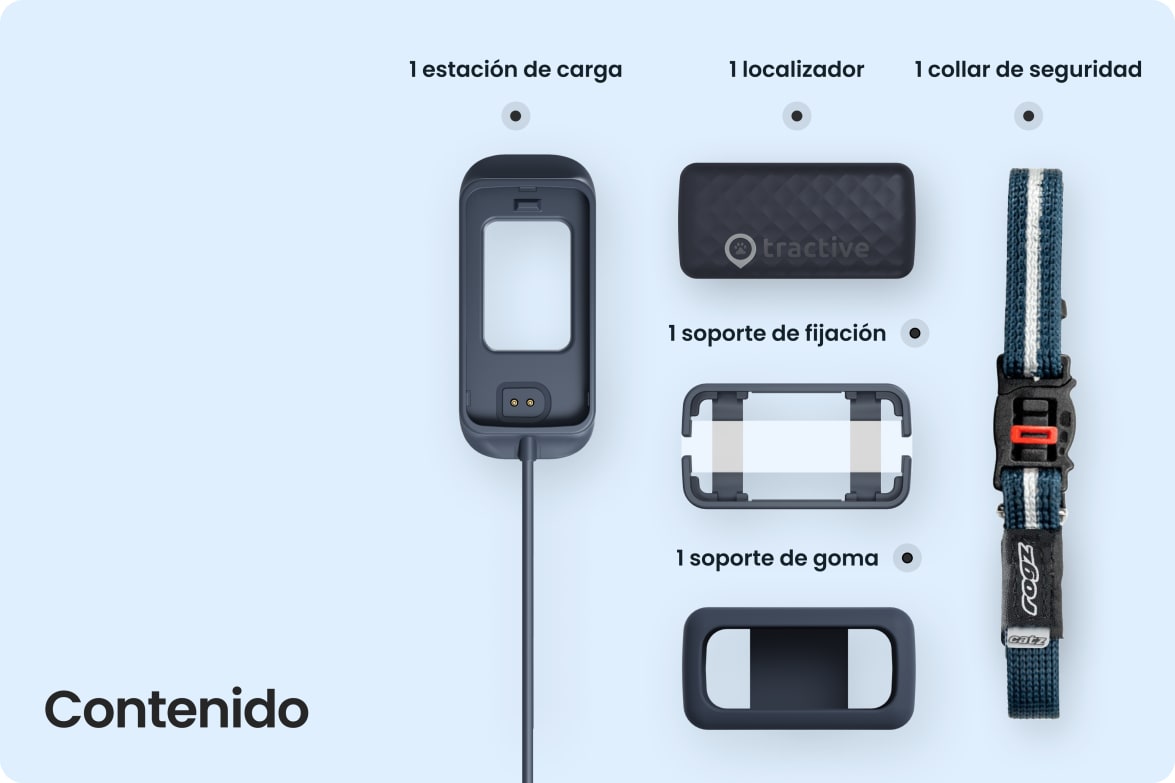 Box contents for Tractive CAT Mini including tracker, charging station, collar, and mounting accessories.