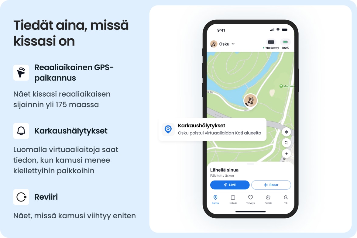 Tractive app showing real-time GPS tracking for cats, with escape alerts and territory insights.