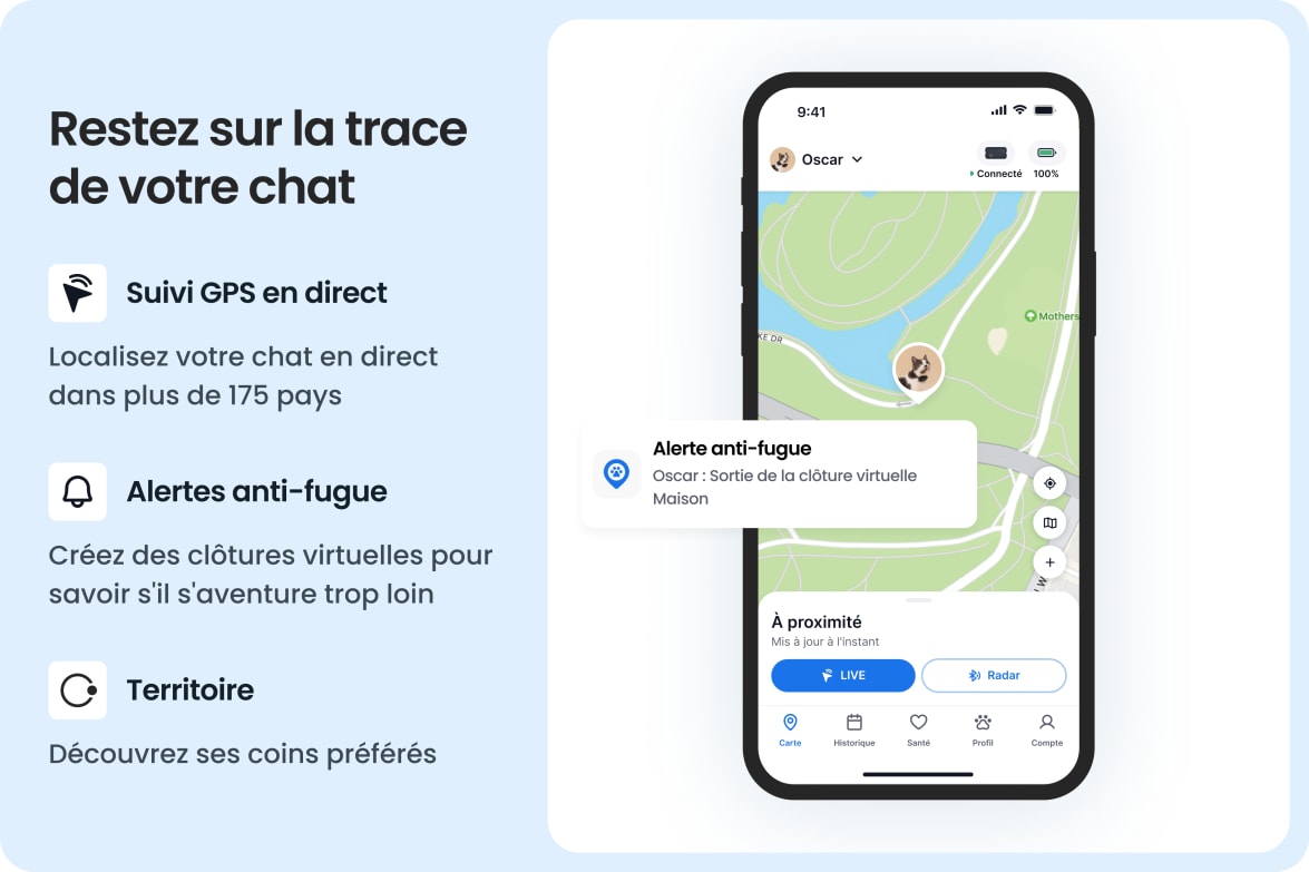 Tractive app showing real-time GPS tracking for cats, with escape alerts and territory insights.