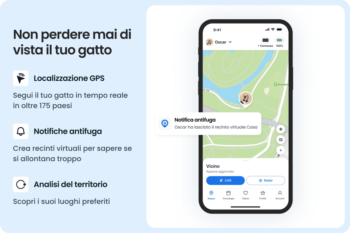 Tractive app showing real-time GPS tracking for cats, with escape alerts and territory insights.