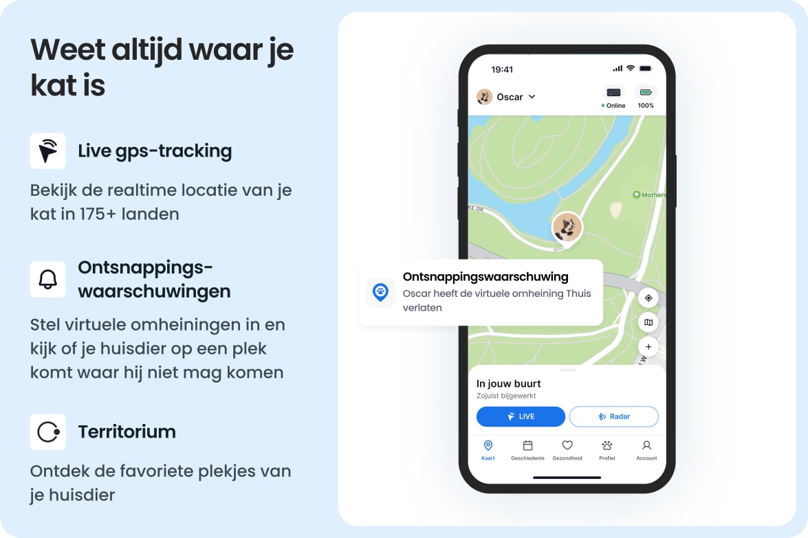 Tractive app showing real-time GPS tracking for cats, with escape alerts and territory insights.