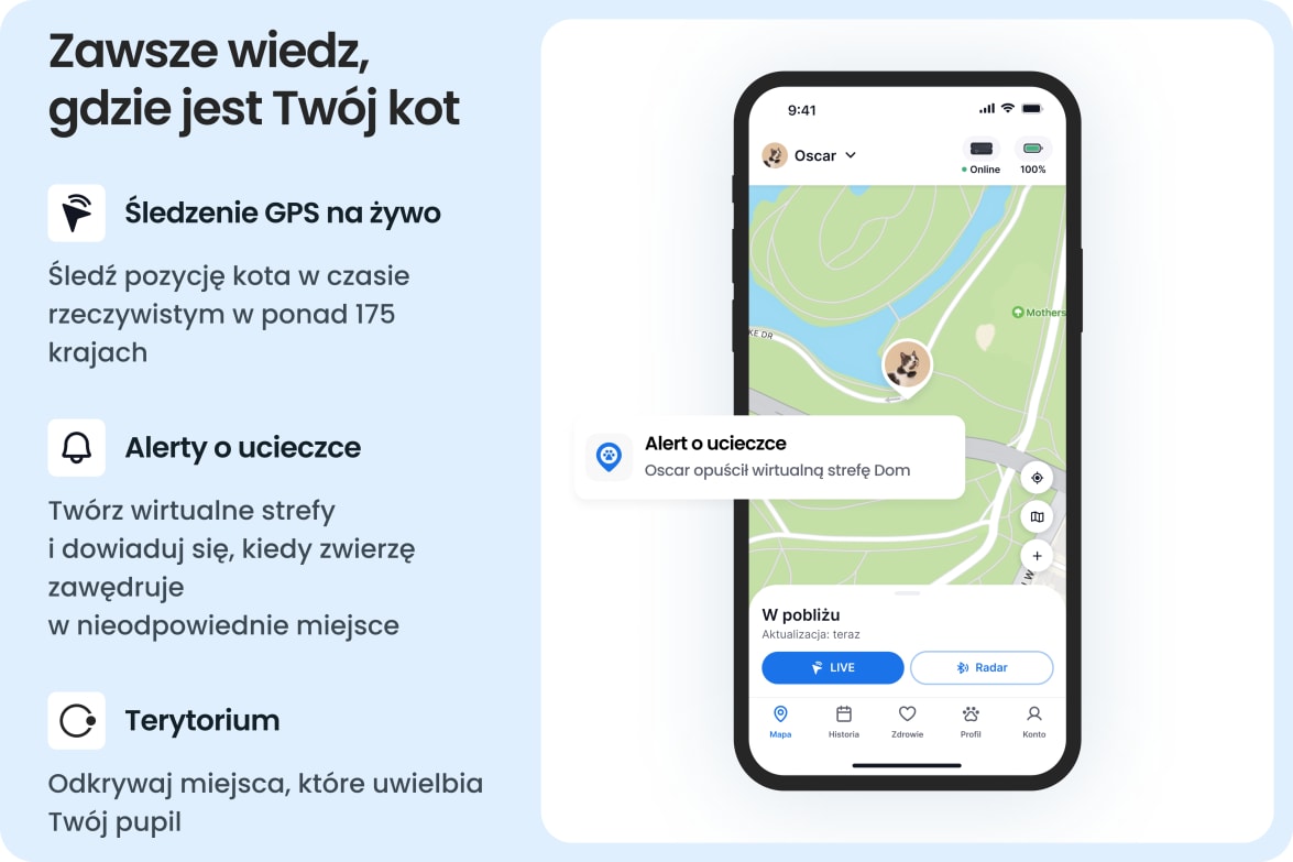 Tractive app showing real-time GPS tracking for cats, with escape alerts and territory insights.