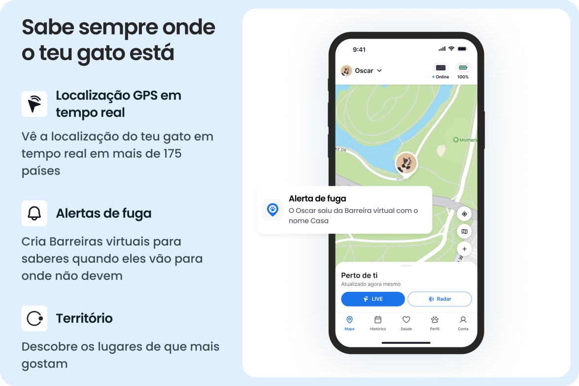 Tractive app showing real-time GPS tracking for cats, with escape alerts and territory insights.