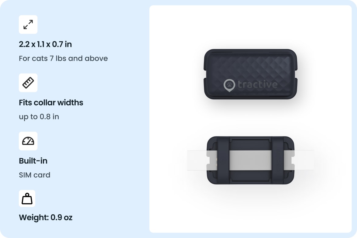 Tractive CAT Mini - Dark Blue tracker with size, weight, and collar compatibility details for cats.