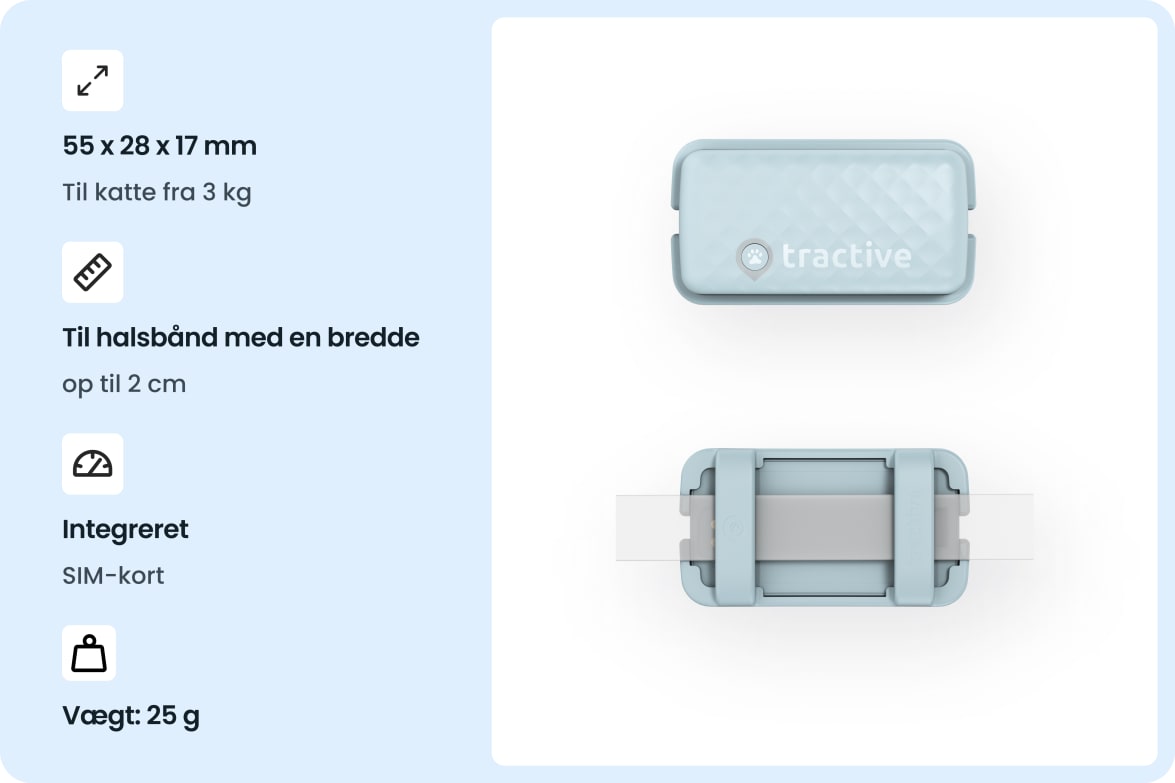 Tractive CAT Mini - Mint tracker with size, weight, and collar compatibility details for cats.