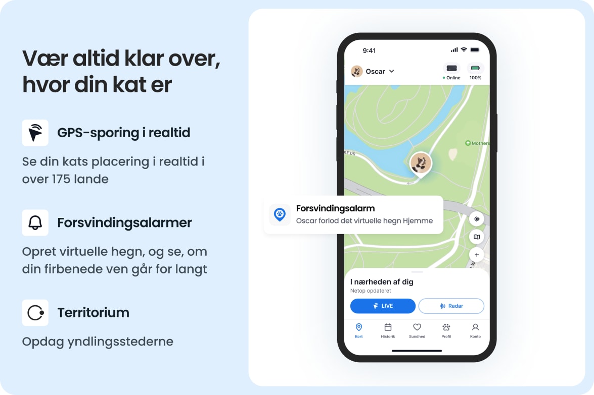Tractive app showing real-time GPS tracking for cats, with escape alerts and territory insights.