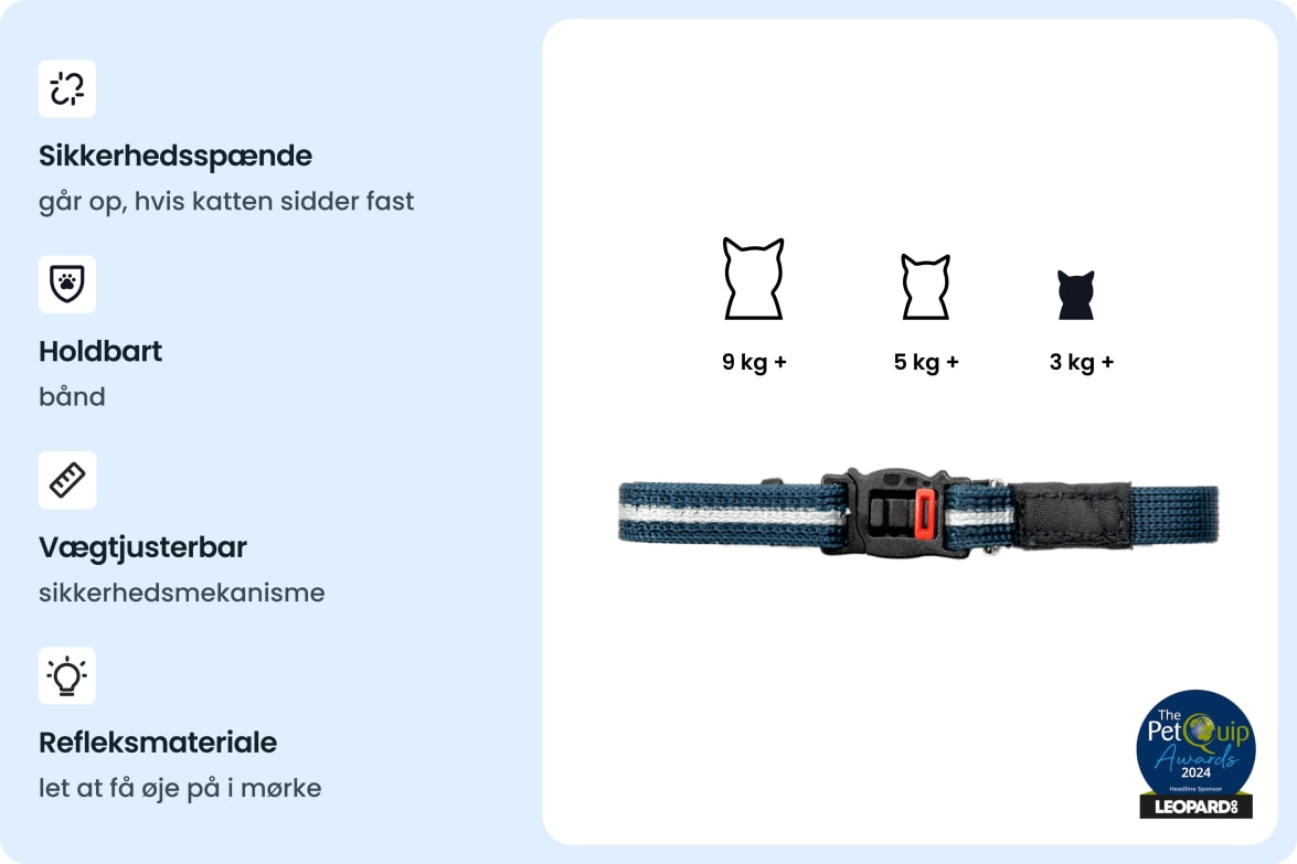 Reflective, snag-proof safety collar with adjustable breakaway buckle for cats of different weights.