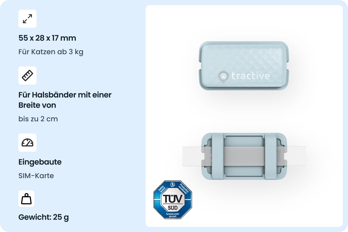 Tractive CAT Mini - Mint tracker with size, weight, and collar compatibility details for cats.