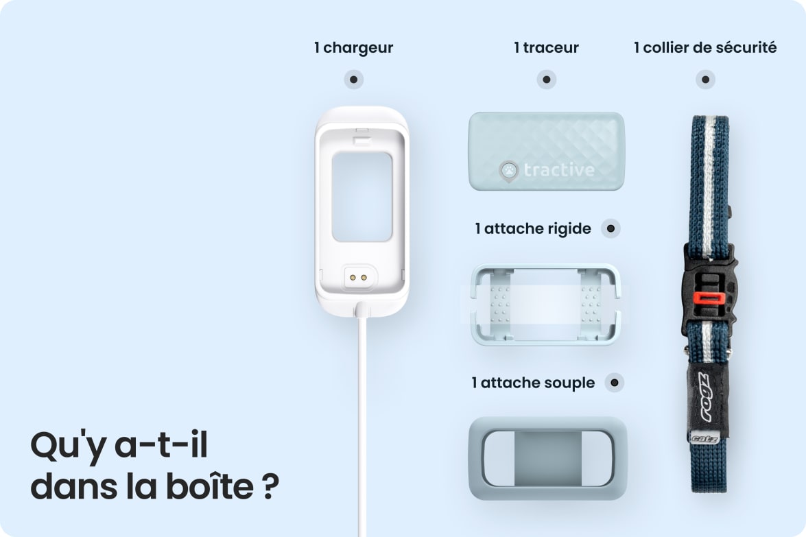Box contents for Tractive CAT Mini including tracker, charging station, collar, and mounting accessories.