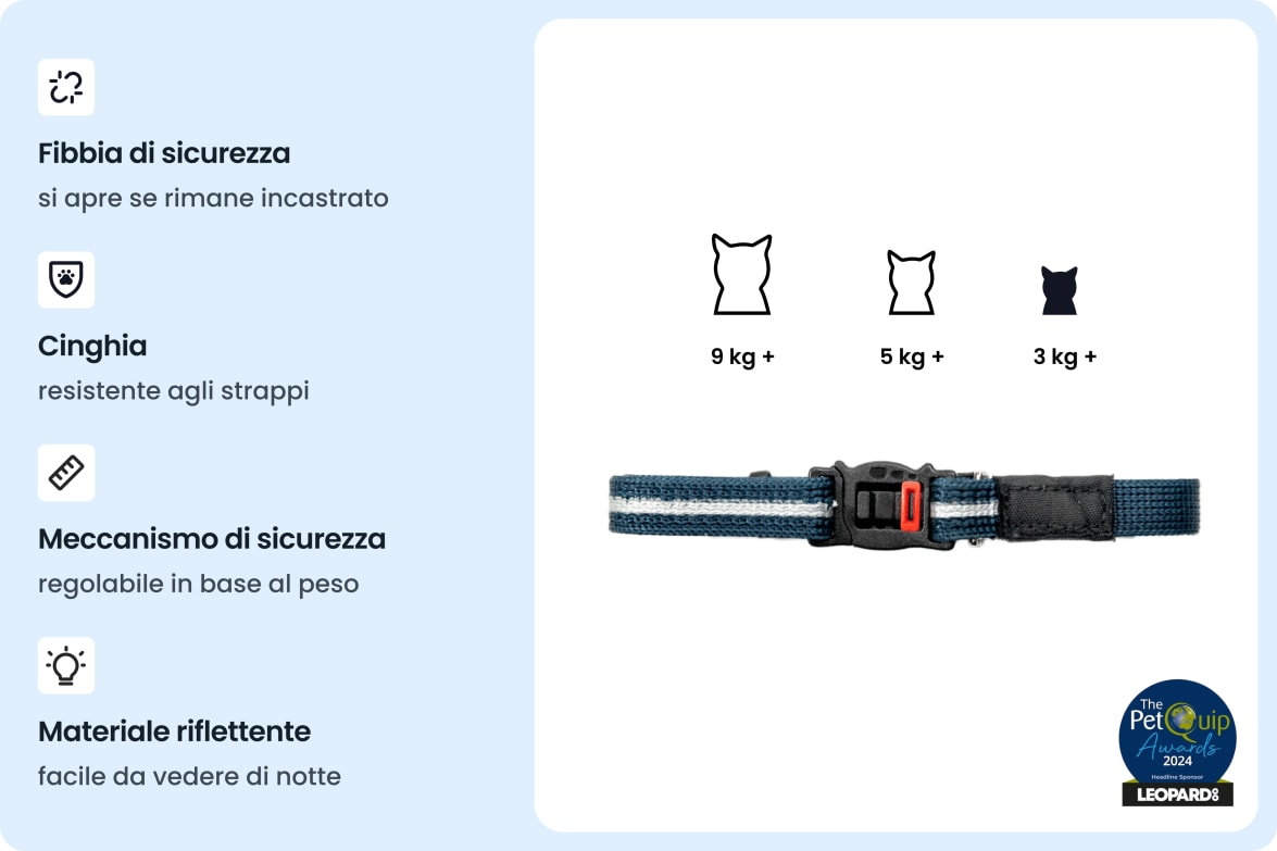 Reflective, snag-proof safety collar with adjustable breakaway buckle for cats of different weights.