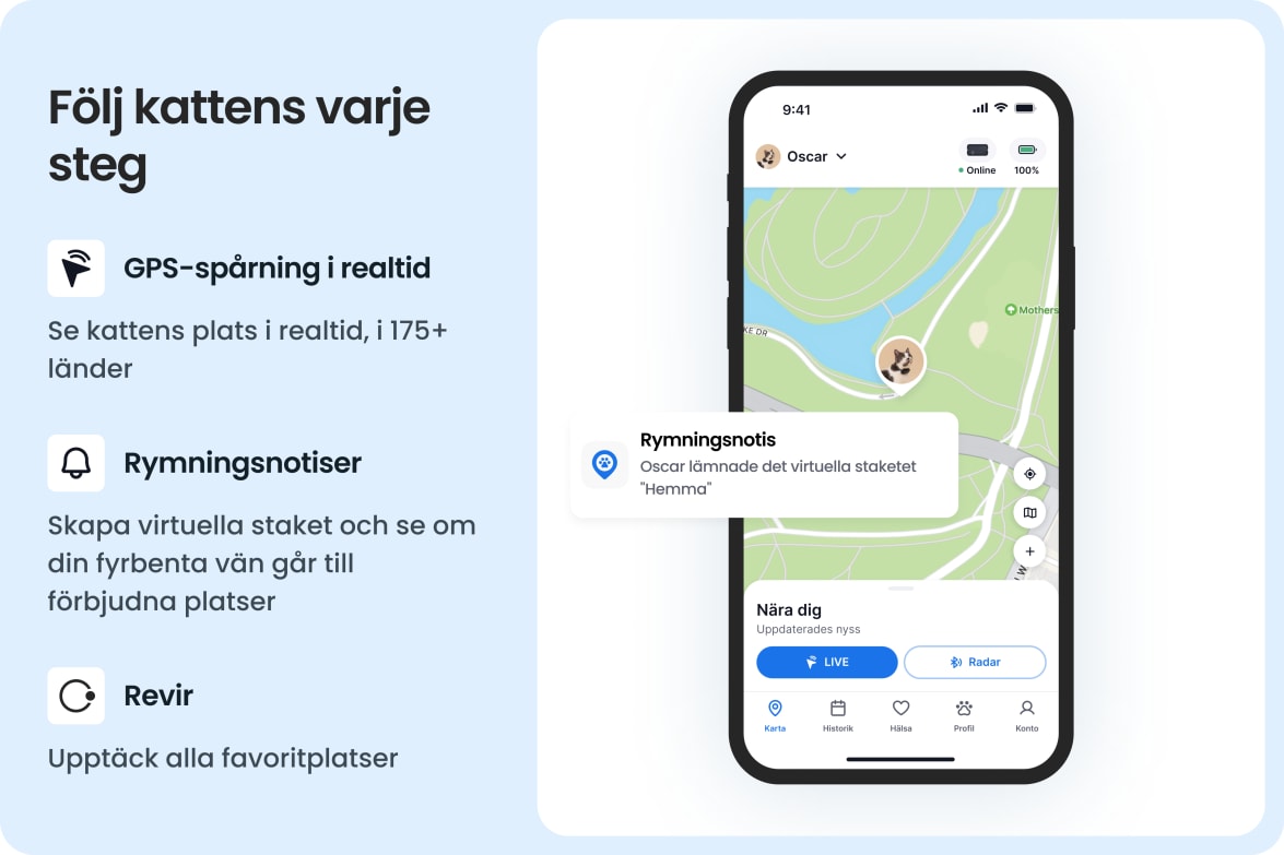 Tractive app showing real-time GPS tracking for cats, with escape alerts and territory insights.