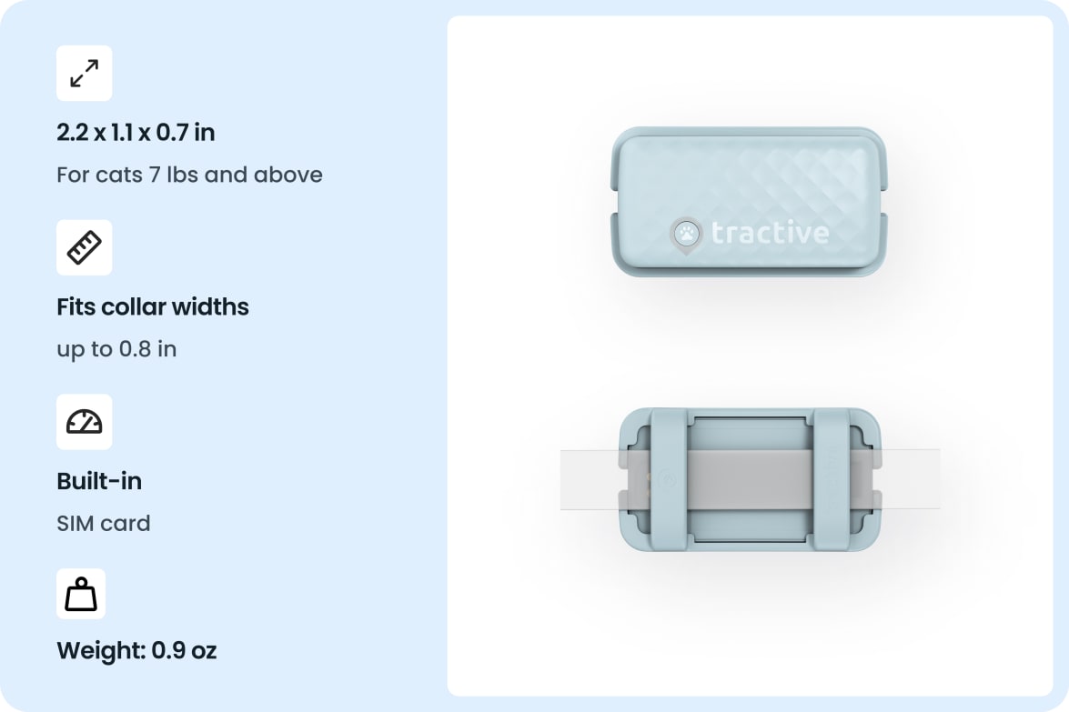 Tractive CAT Mini - Mint tracker with size, weight, and collar compatibility details for cats.