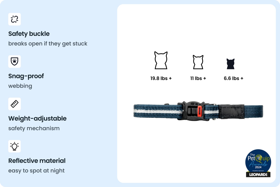 Reflective, snag-proof safety collar with adjustable breakaway buckle for cats of different weights.