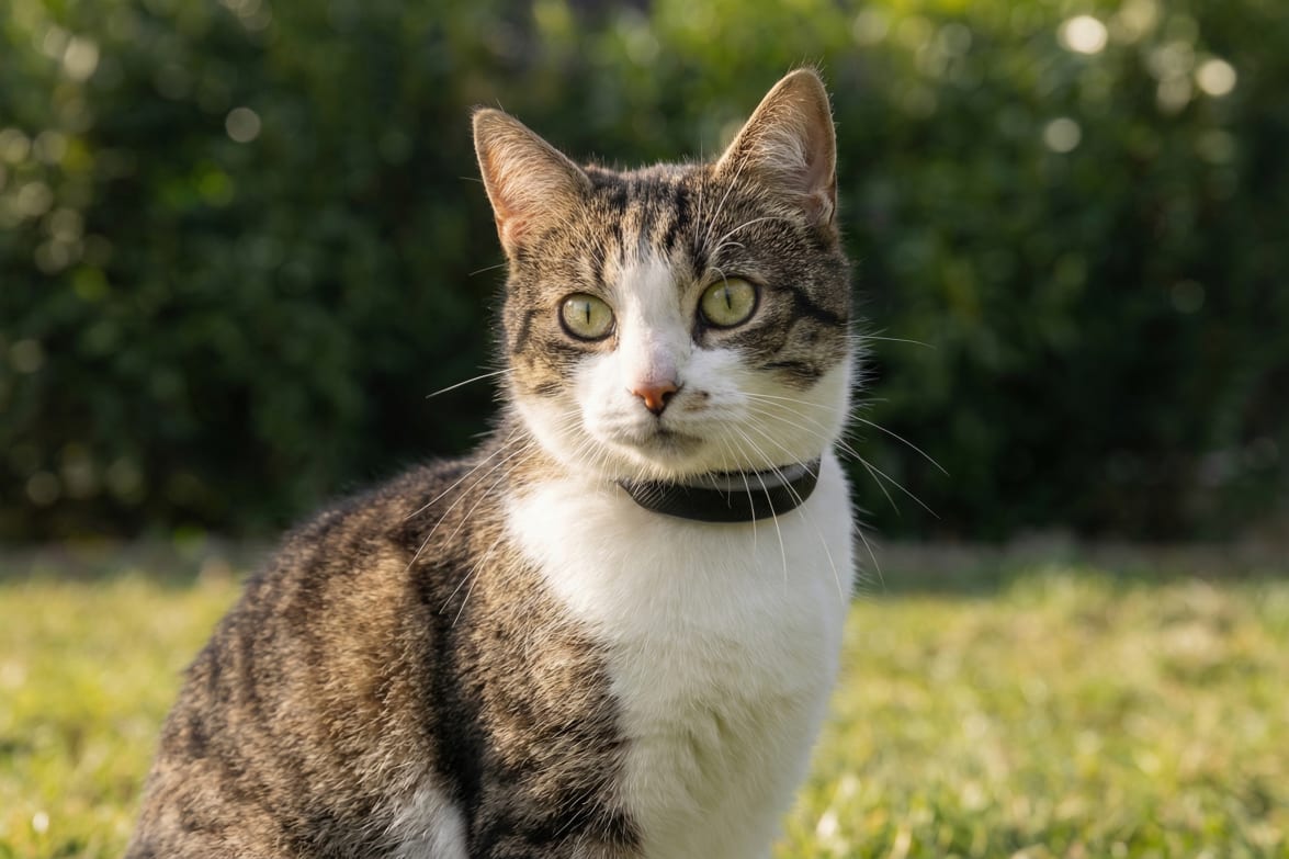 Siamese cat wearing the Tractive CAT 6 Mini collar-integrated GPS tracker