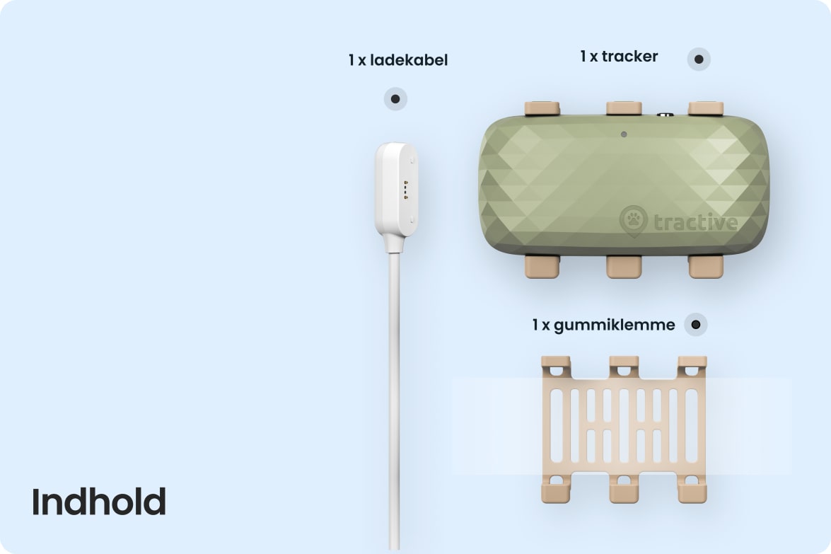 Box contents for Tractive DOG XL, including tracker, rubber clip, and magnetic charging cable.