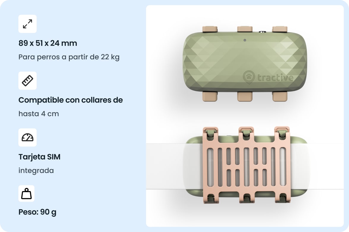 Tractive DOG XL tracker with size, weight, and collar width specifications for dogs over 22 kg.