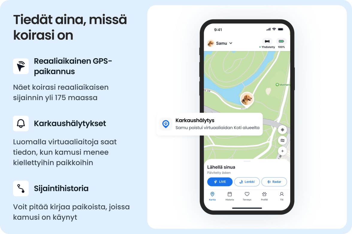 Tractive app showing real-time GPS tracking, escape alerts, and location history for large dogs.