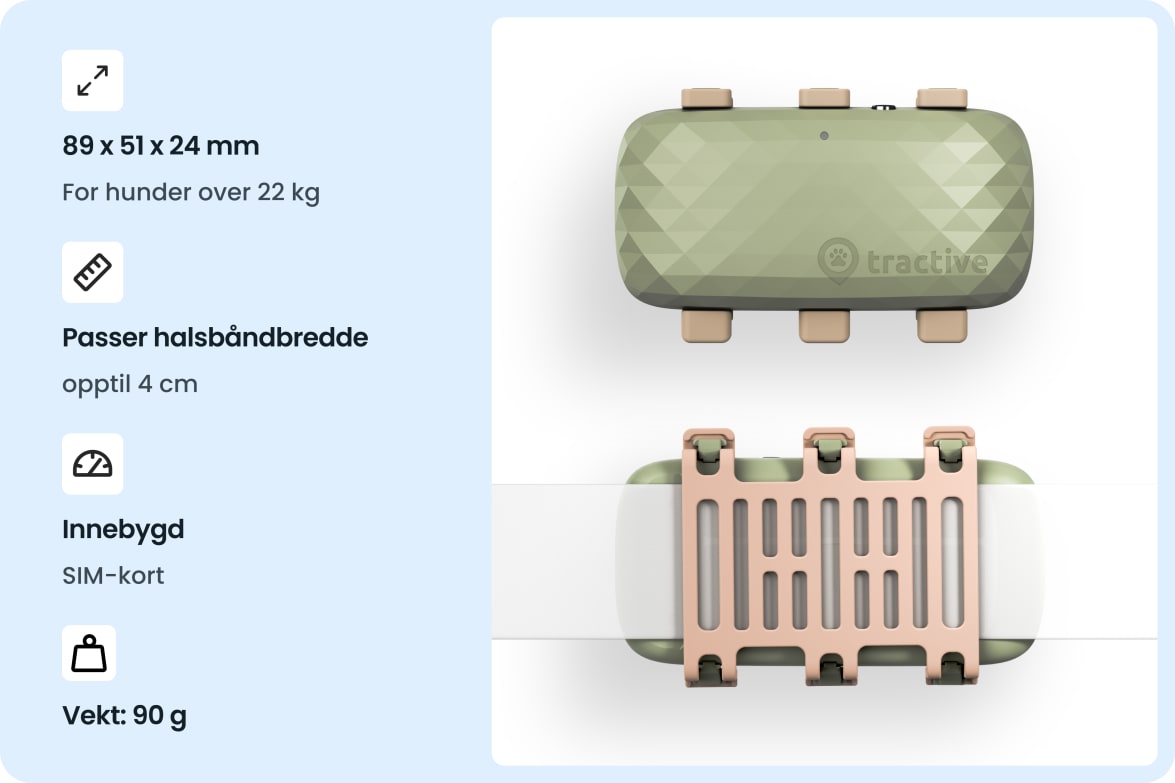 Tractive DOG XL tracker with size, weight, and collar width specifications for dogs over 22 kg.