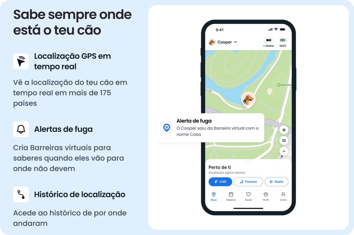 Tractive app showing real-time GPS tracking, escape alerts, and location history for large dogs.
