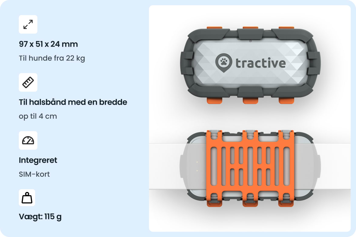 Tractive DOG XL Adventure tracker with rugged design, dimensions, weight, and collar compatibility for dogs 22 kg and up.