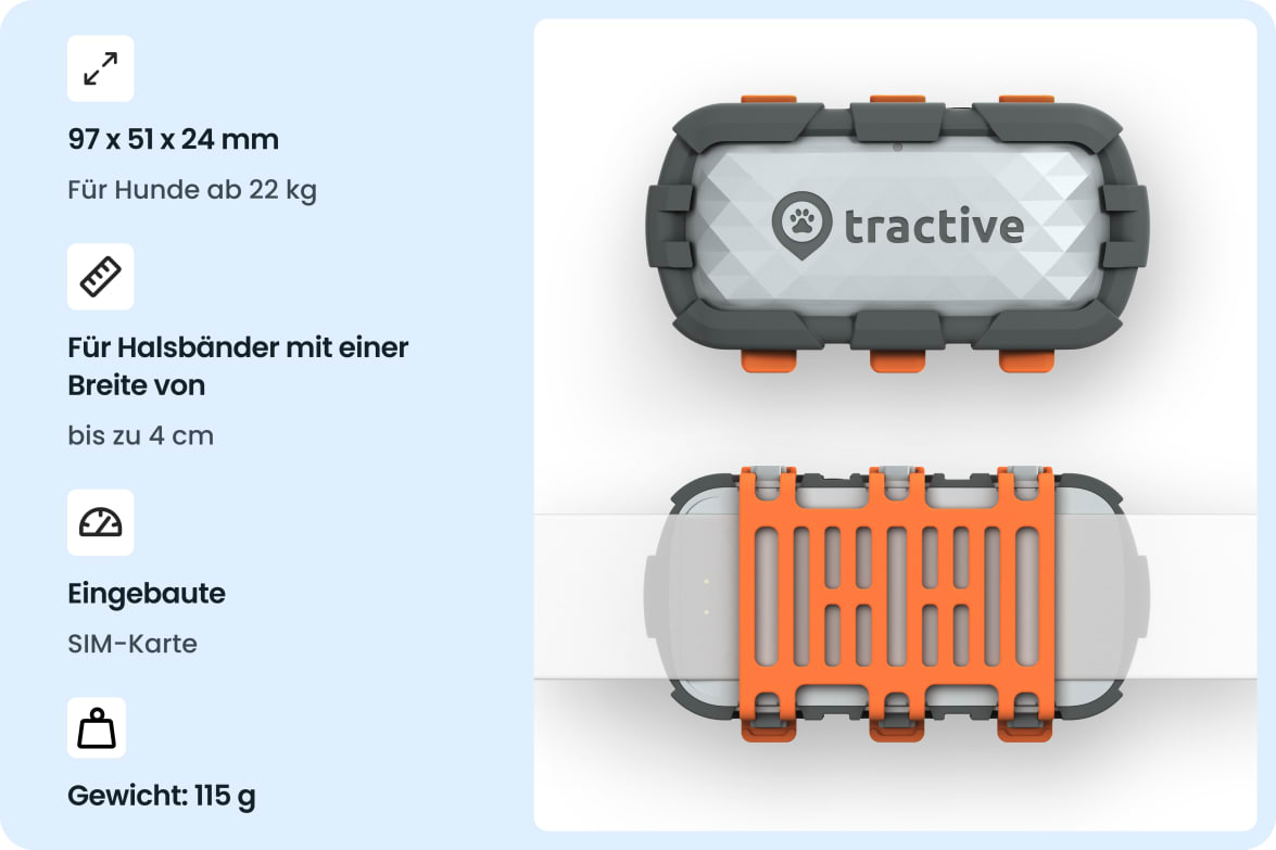 Tractive DOG XL Adventure tracker with rugged design, dimensions, weight, and collar compatibility for dogs 22 kg and up.