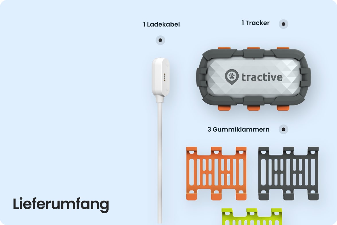 Box contents for Tractive DOG XL Adventure with tracker, charging cable, and three rubber clip options.